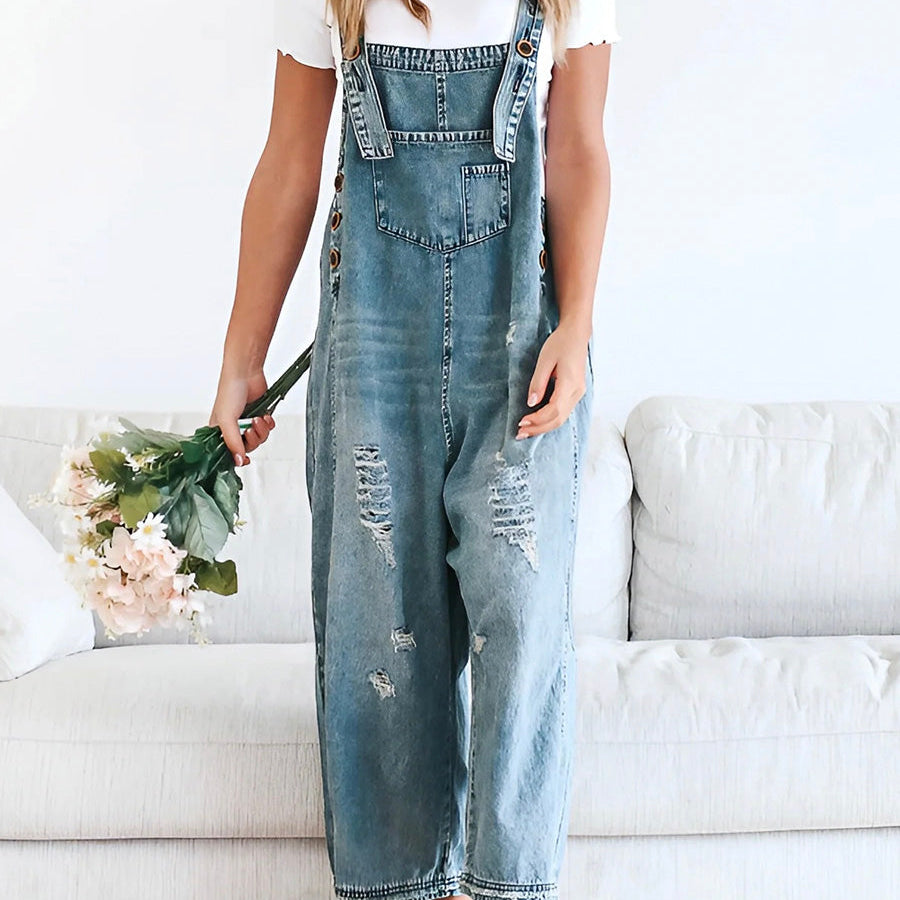 Locker fit denim dungarees in a distressed look