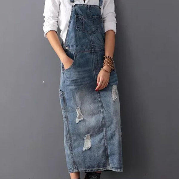 Distressed Denim Pinafore Dress with Back Slit