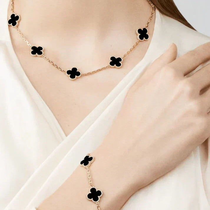 Clover Necklace (gold finish, black detail)