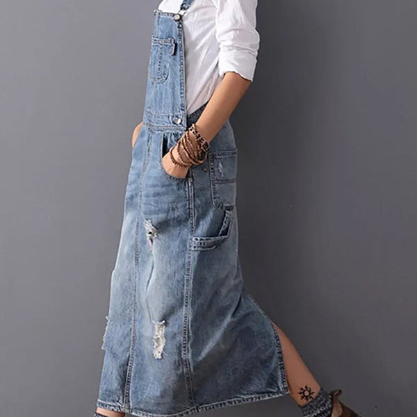 Distressed Denim Pinafore Dress with Back Slit