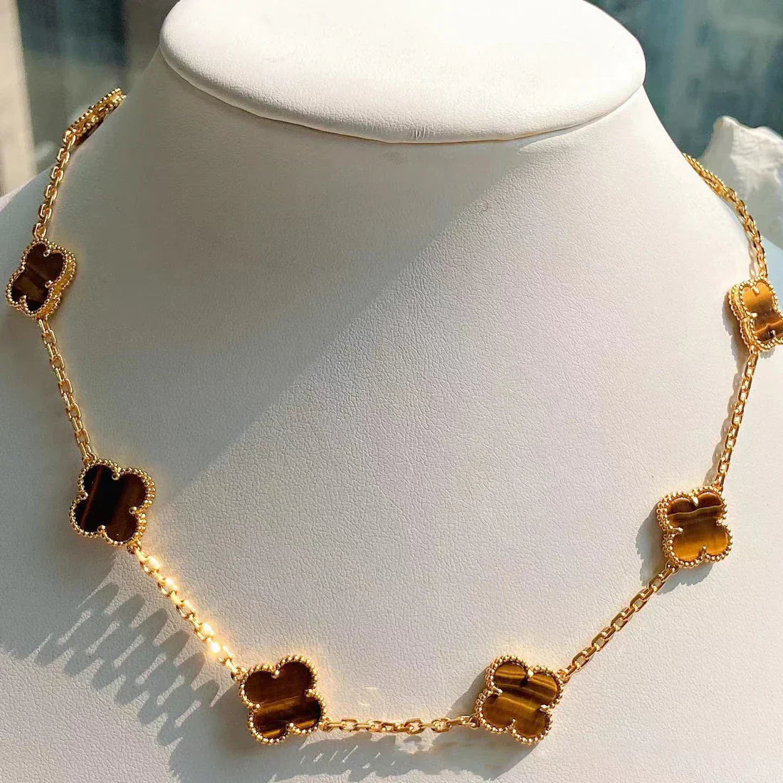 Clover Necklace (gold finish, tiger detail)