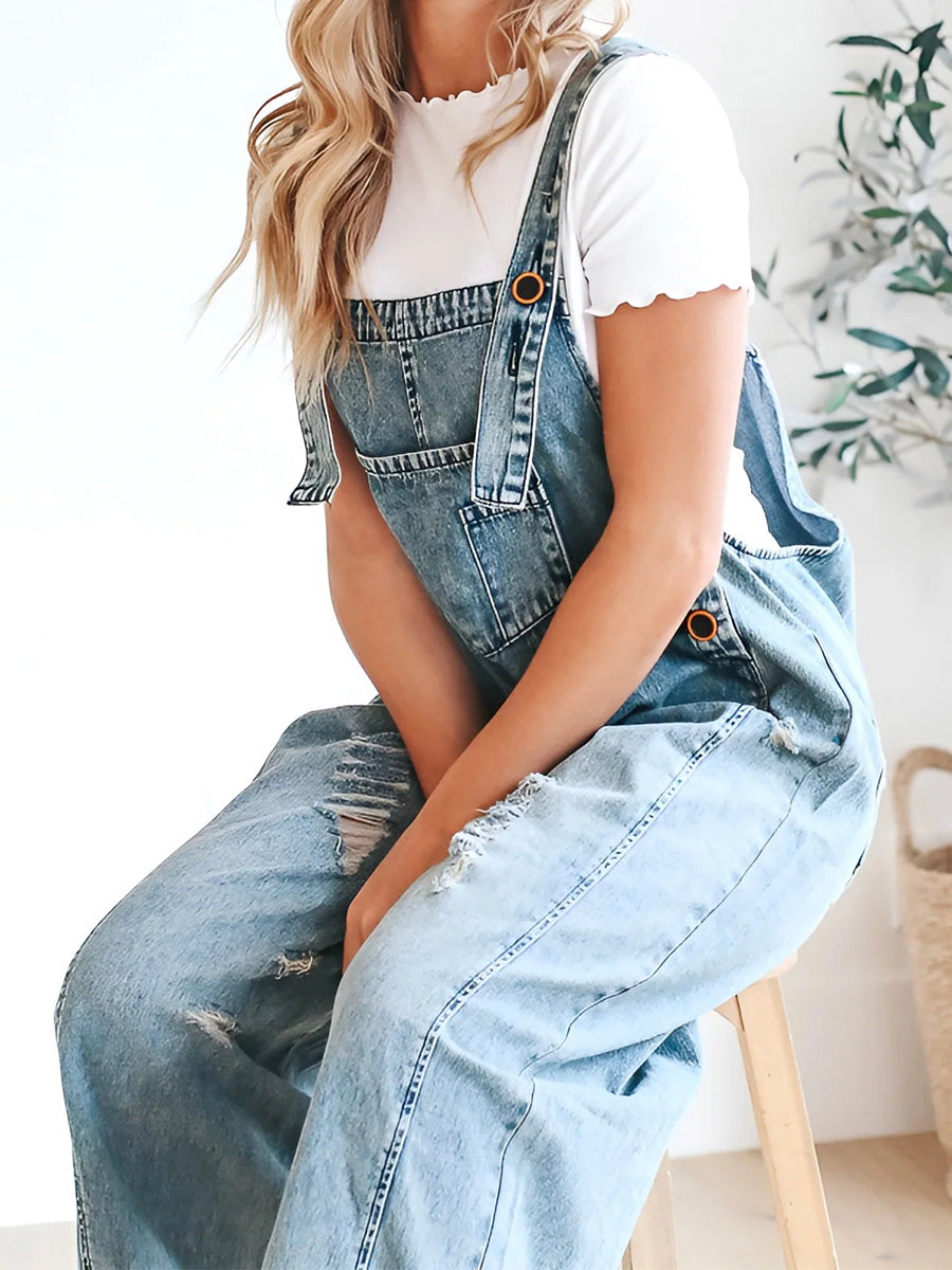 Locker fit denim dungarees in a distressed look