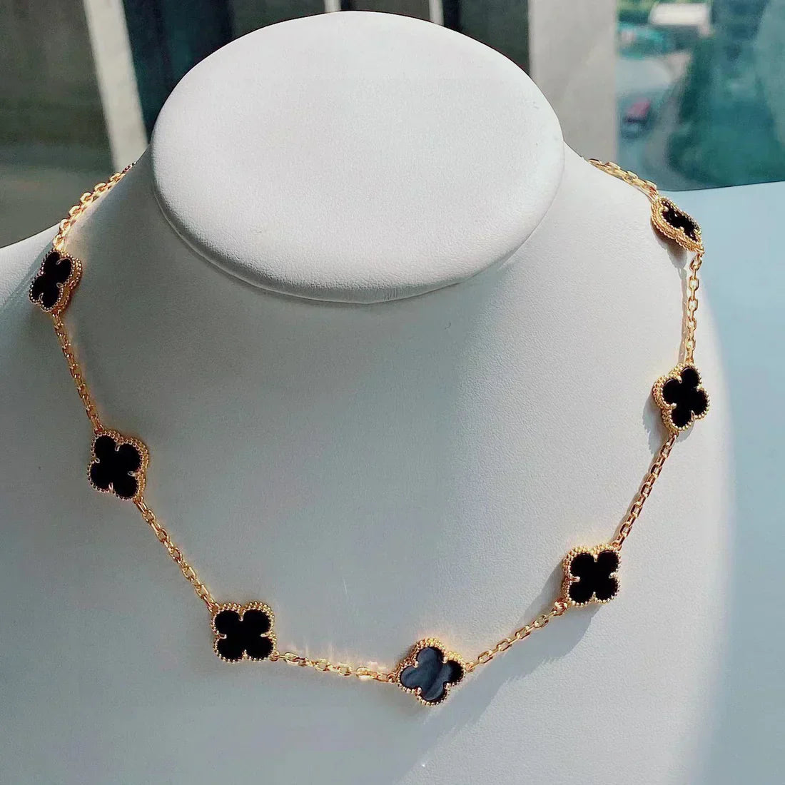 Clover Necklace (gold finish, black detail)