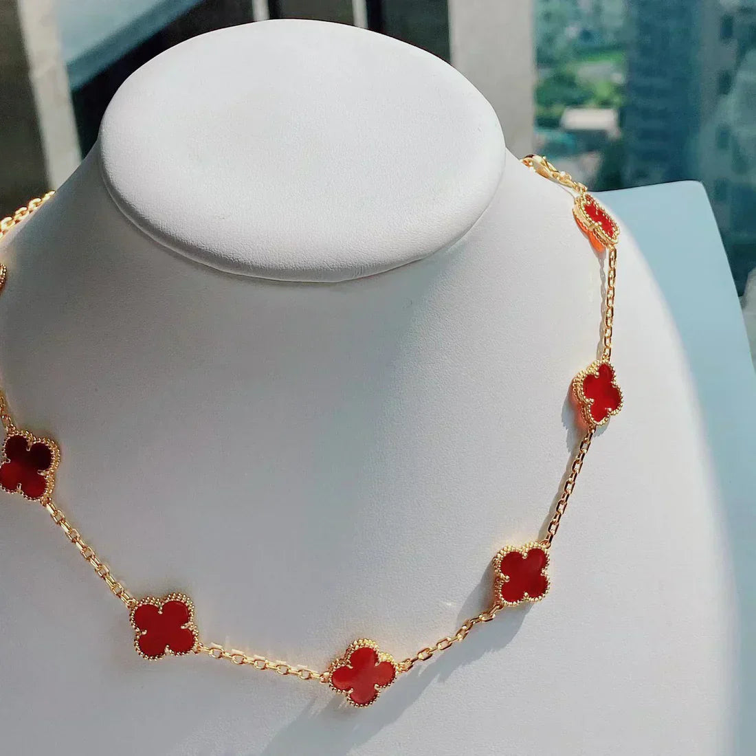Clover Necklace (gold finish, red detail)