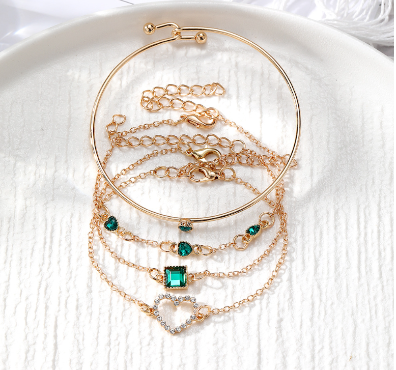 Emerald Heart Bracelet Set (gold finish)