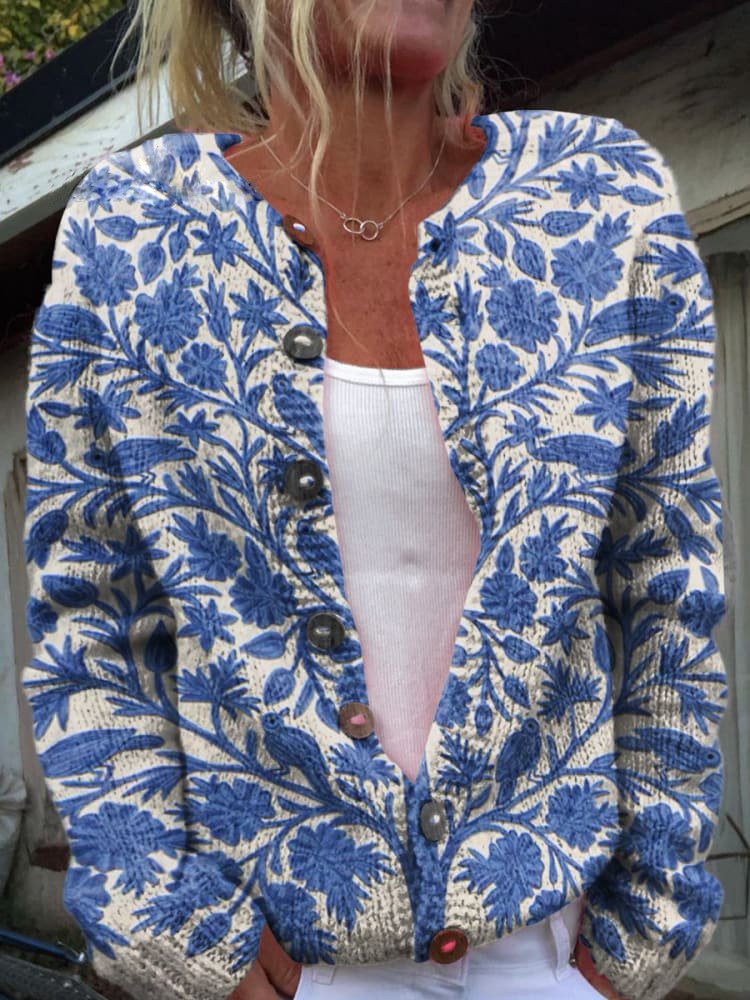 Florence | Women's Floral Pattern Cardigan with Crew Neck