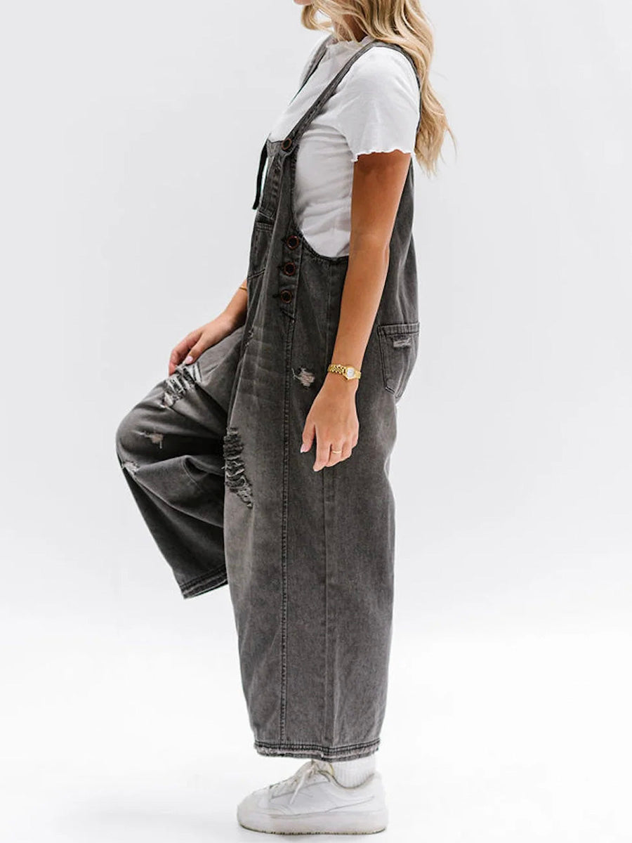 Locker fit denim dungarees in a distressed look