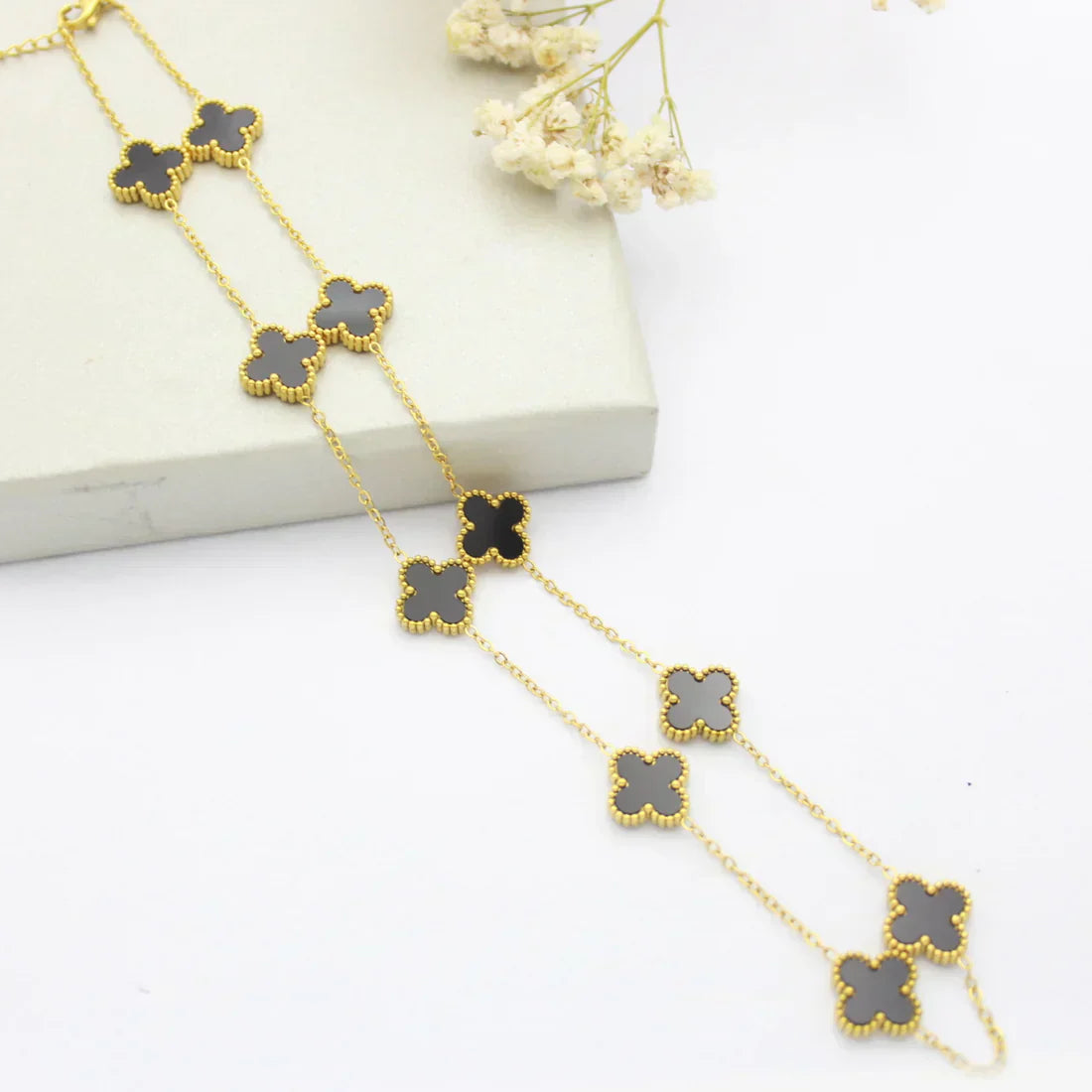 Clover Necklace (gold finish, black detail)