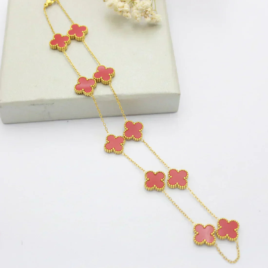 Clover Necklace (gold finish, red detail)