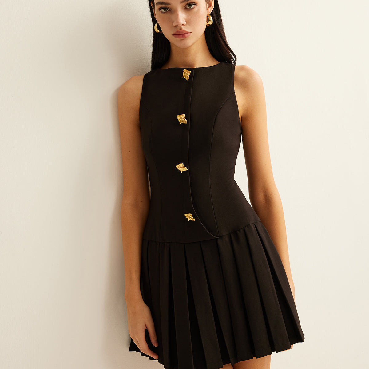 Metal-Button Pleated Tank Dress