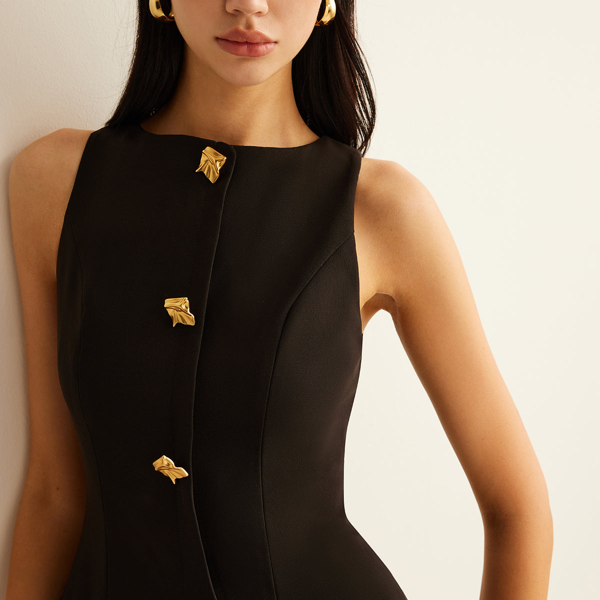 Metal-Button Pleated Tank Dress