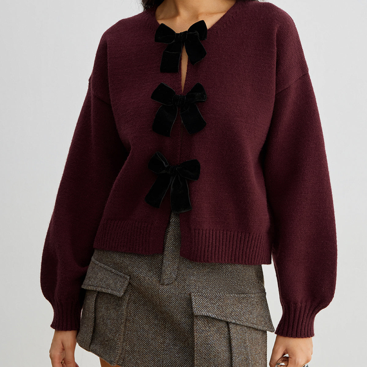 Velvet-Bow Lantern Sleeve Sweater