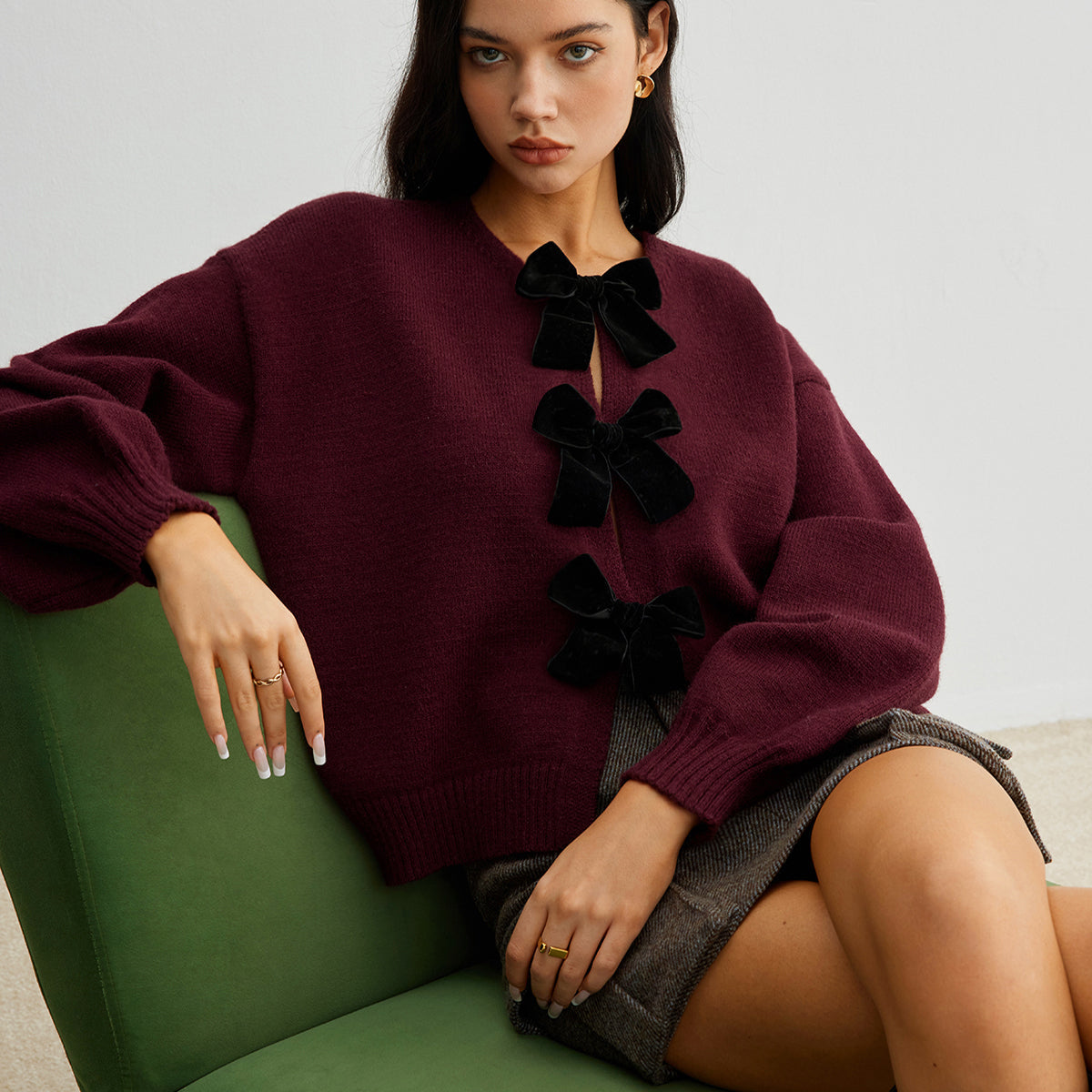 Velvet-Bow Lantern Sleeve Sweater