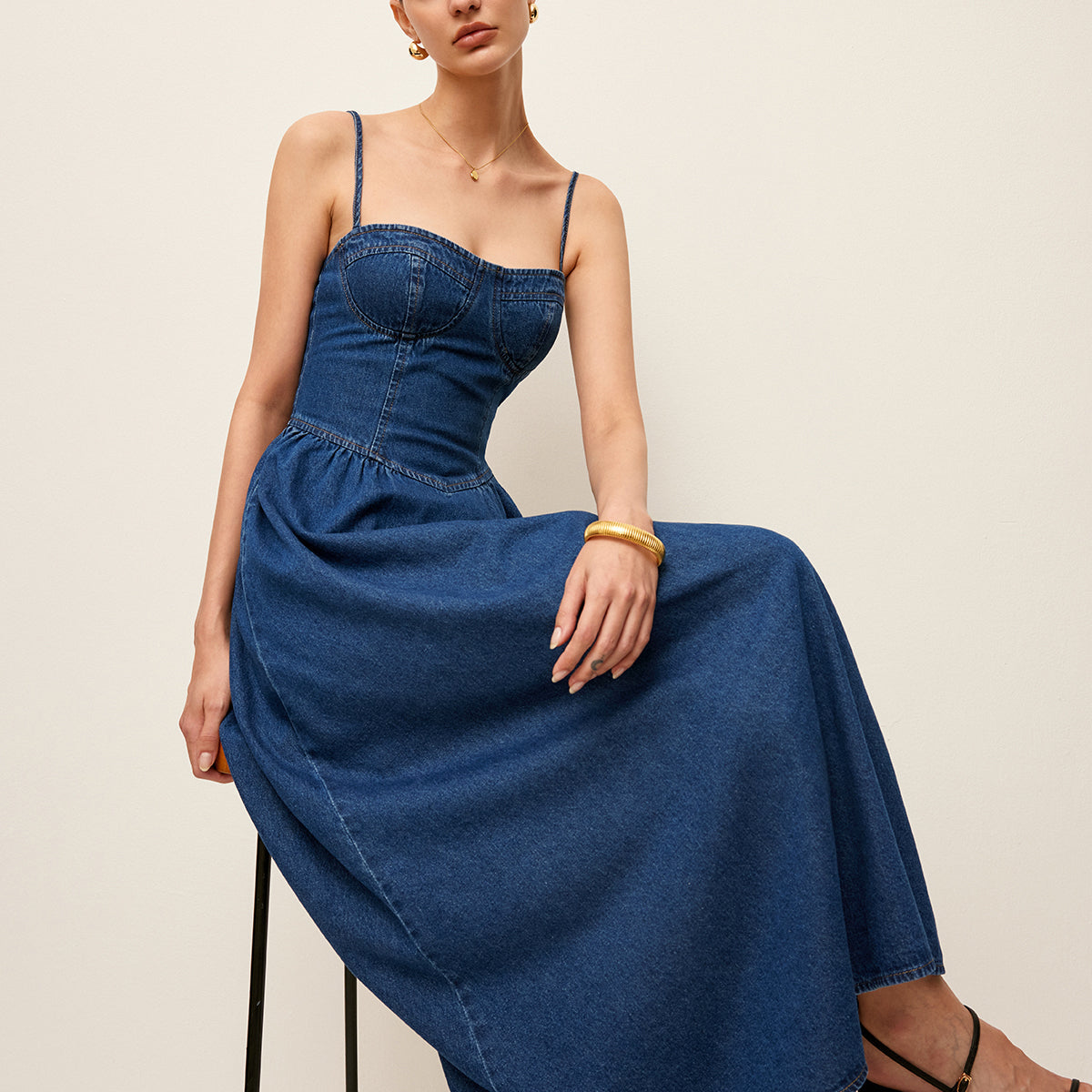 Sweetheart Collar Denim Dress