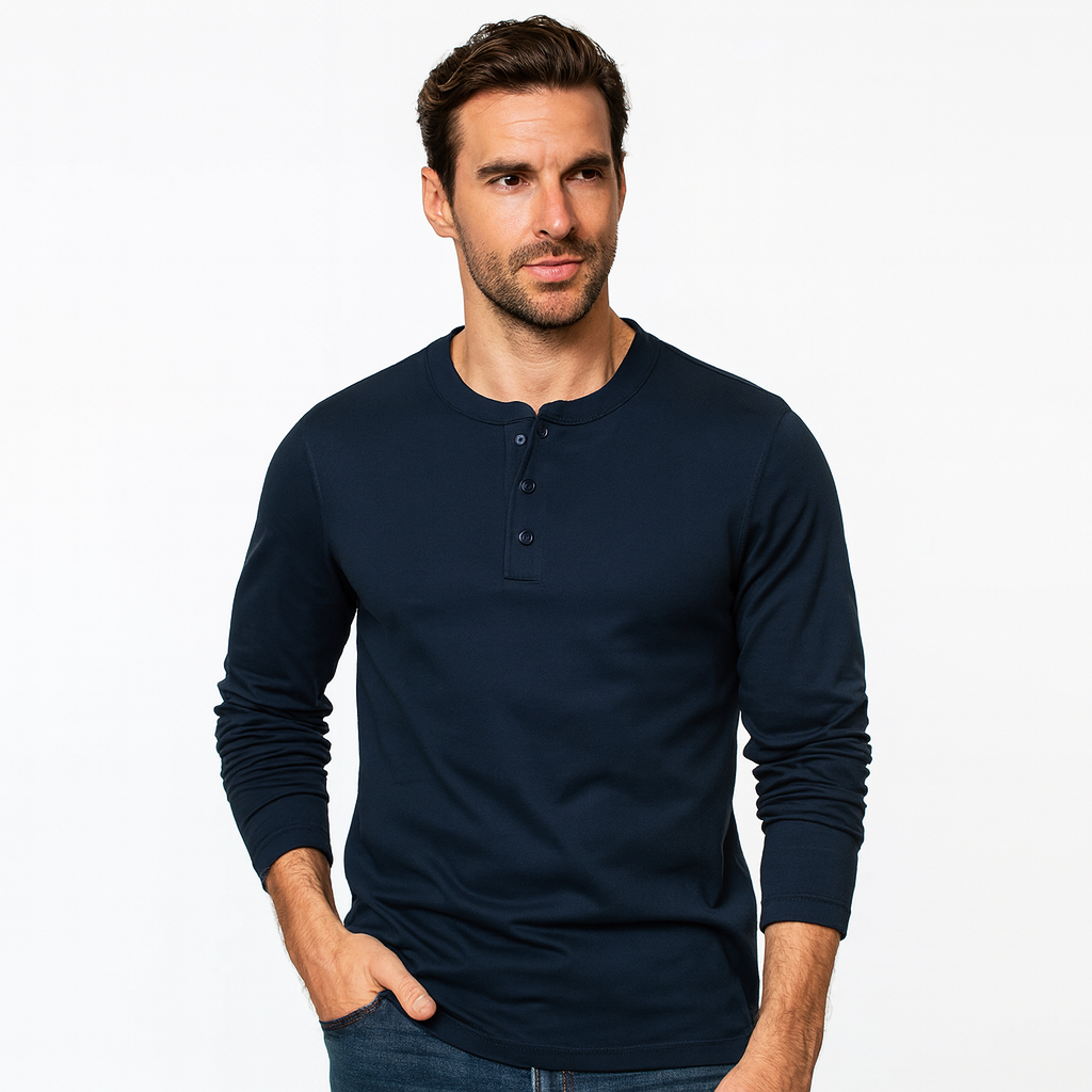 Classic Men's Cotton Henley Shirt with Long Sleeves