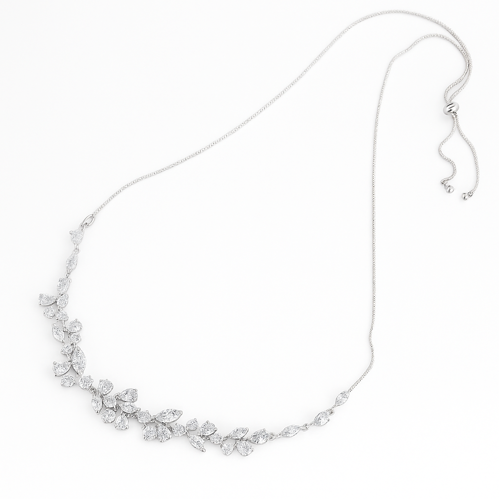 Zirconia Stud & Crystal Flower Necklace (white gold finish)