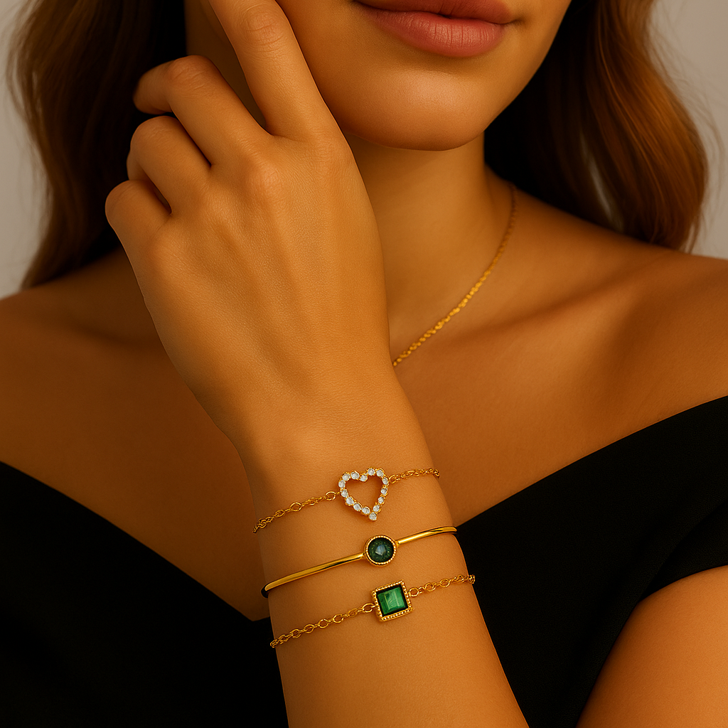 Emerald Heart Bracelet Set (gold finish)