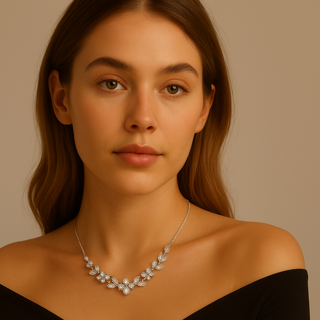 Zirconia Stud & Crystal Flower Necklace (white gold finish)