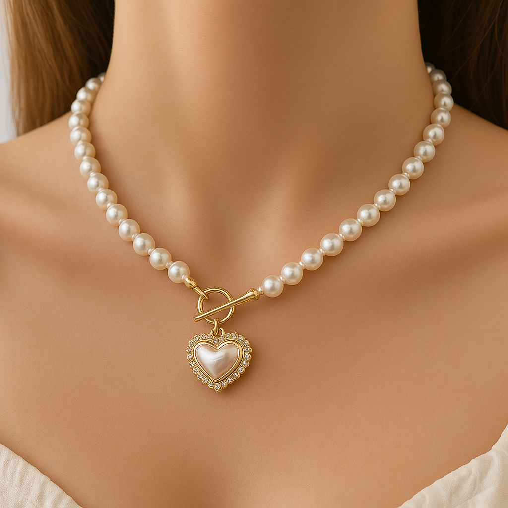 Pearl Heart Pendant Necklace (Gold Finish)