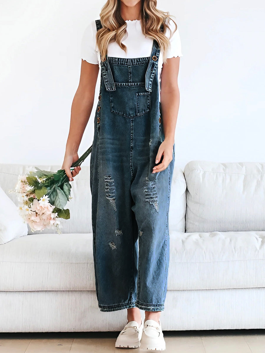 Locker fit denim dungarees in a distressed look