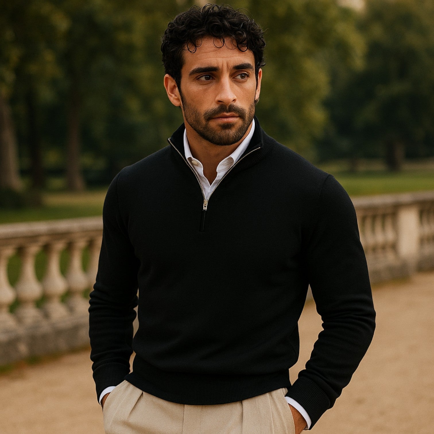 Men's Cashmere Pullover with Half Zip and Long Sleeves