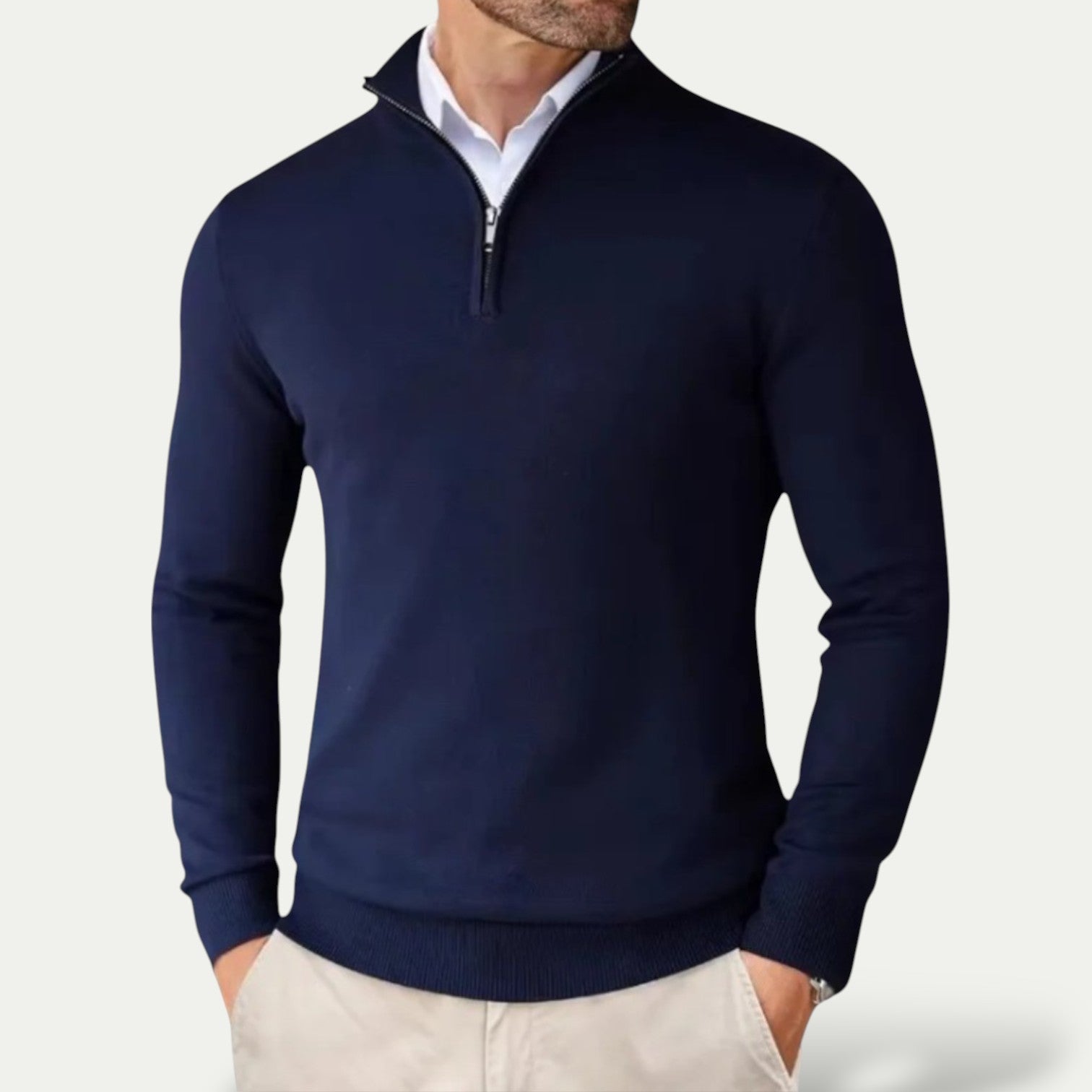 Men's Cashmere Pullover with Half Zip and Long Sleeves