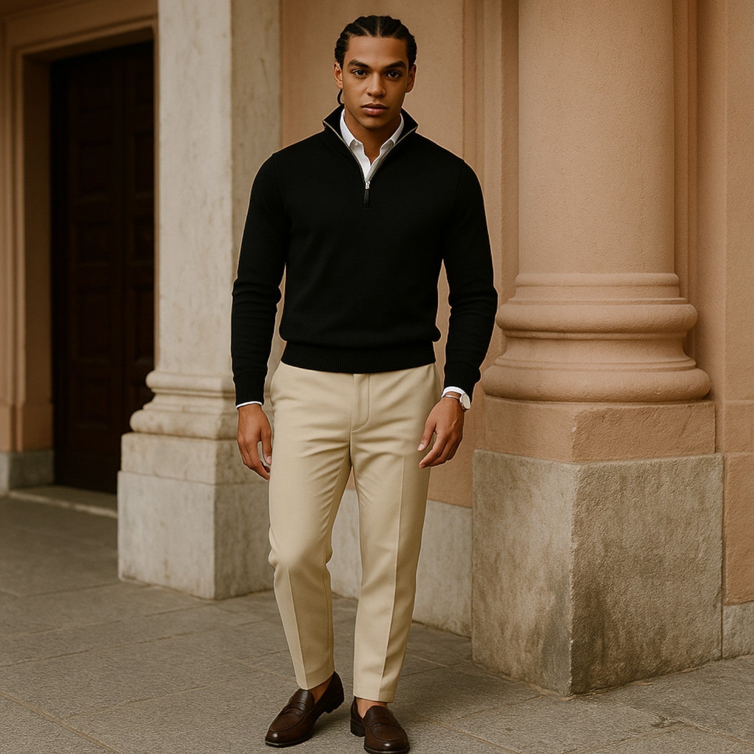 Men's Cashmere Pullover with Half Zip and Long Sleeves