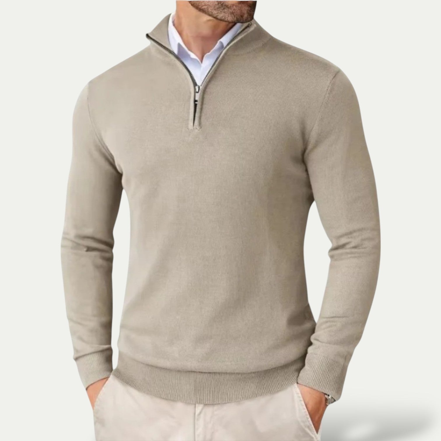 Men's Cashmere Pullover with Half Zip and Long Sleeves