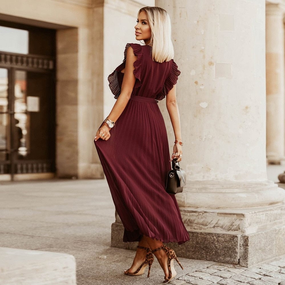 Elena™ Dark Red Bohemian Festive Dress with V-Neck