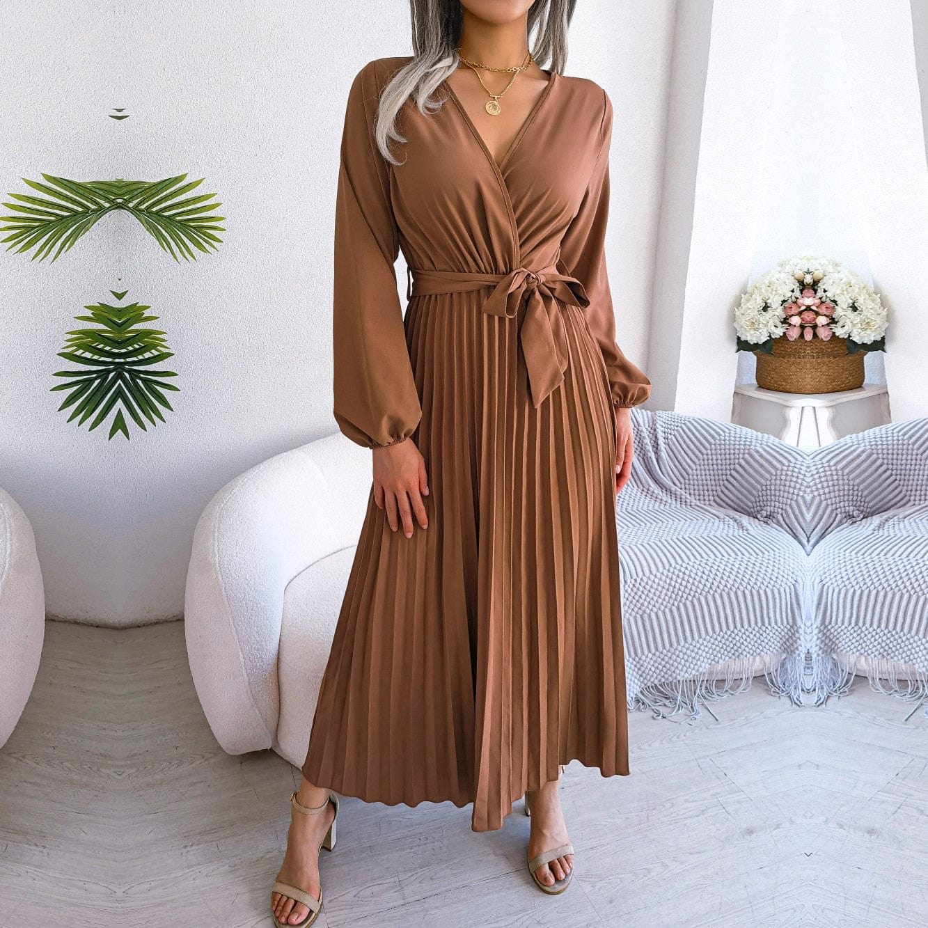 Zoë™ Brown Maxi Dress with V-neck Festive Boho Style