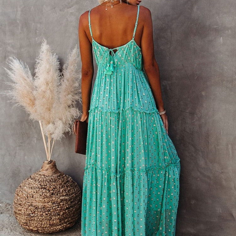Evi™ Green Maxi Dress with V-Neck and Summer Ibiza Print