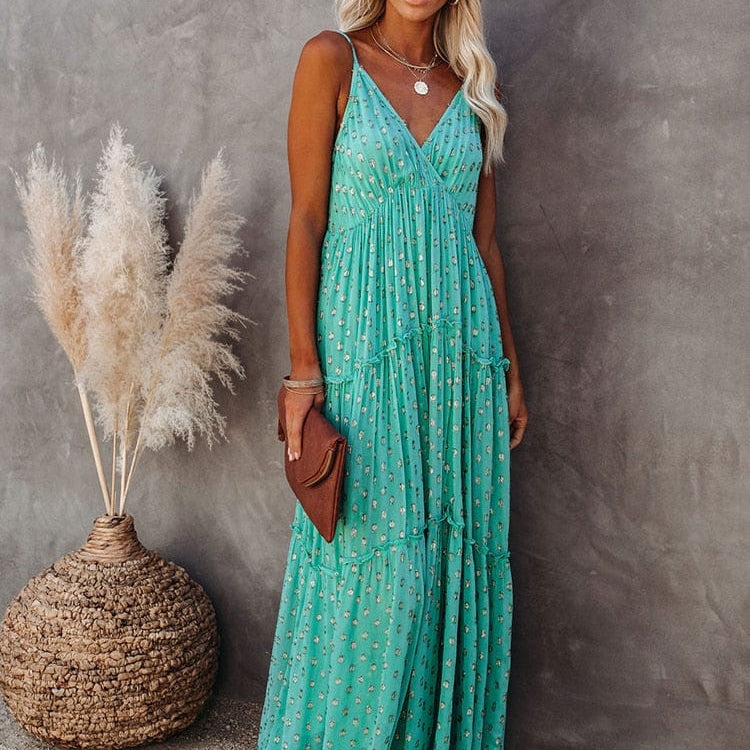 Evi™ Green Maxi Dress with V-Neck and Summer Ibiza Print