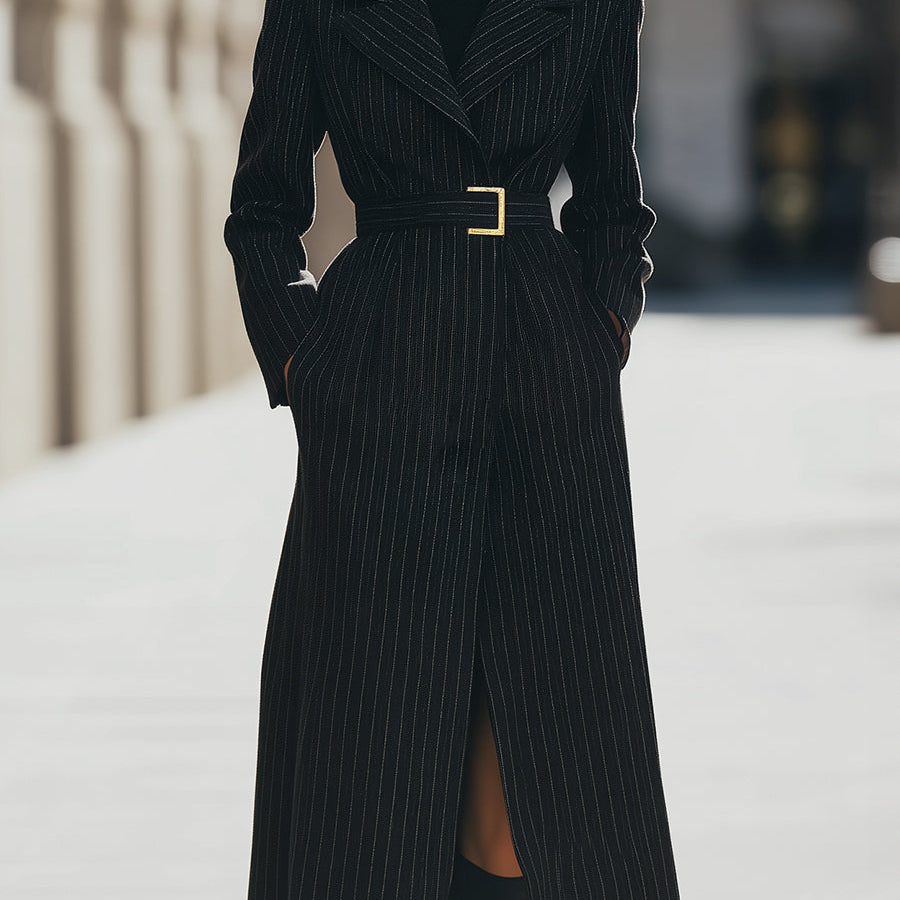 Aurora | Structured Pinstripe Belted Long Coat - Alden & Archer