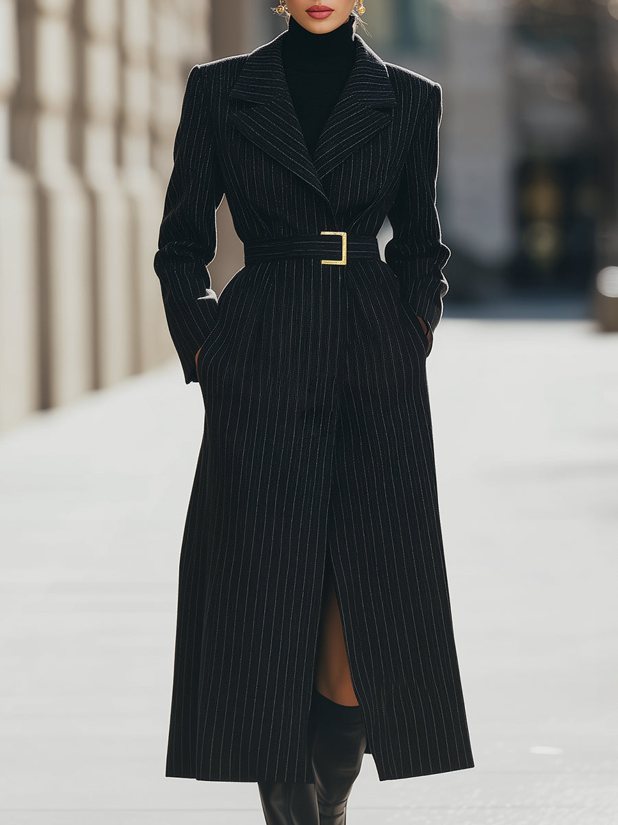 Aurora | Structured Pinstripe Belted Long Coat - Alden & Archer