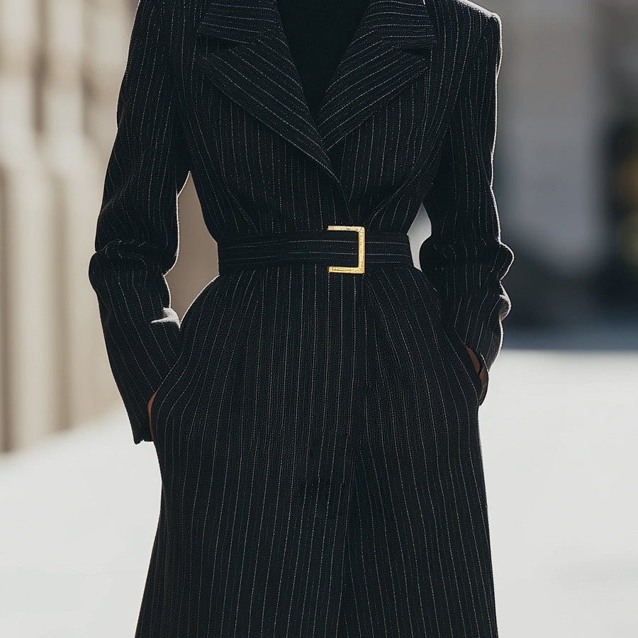 Aurora | Structured Pinstripe Belted Long Coat - Alden & Archer