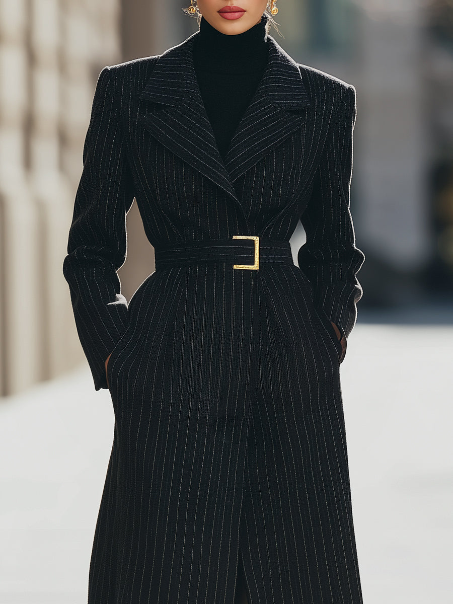 Aurora | Structured Pinstripe Belted Long Coat - Alden & Archer