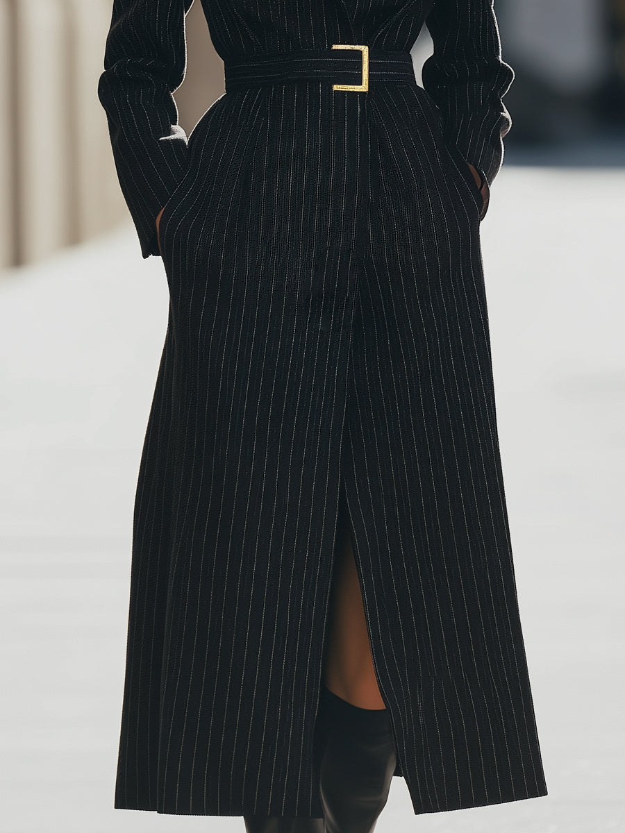 Aurora | Structured Pinstripe Belted Long Coat - Alden & Archer