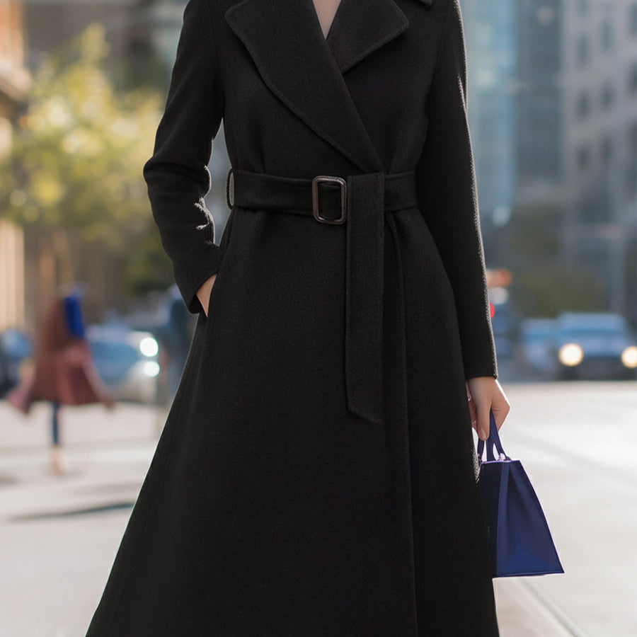 Elena | Belted Lapel Collar Wool-Blend Midi Coat - Alden & Archer