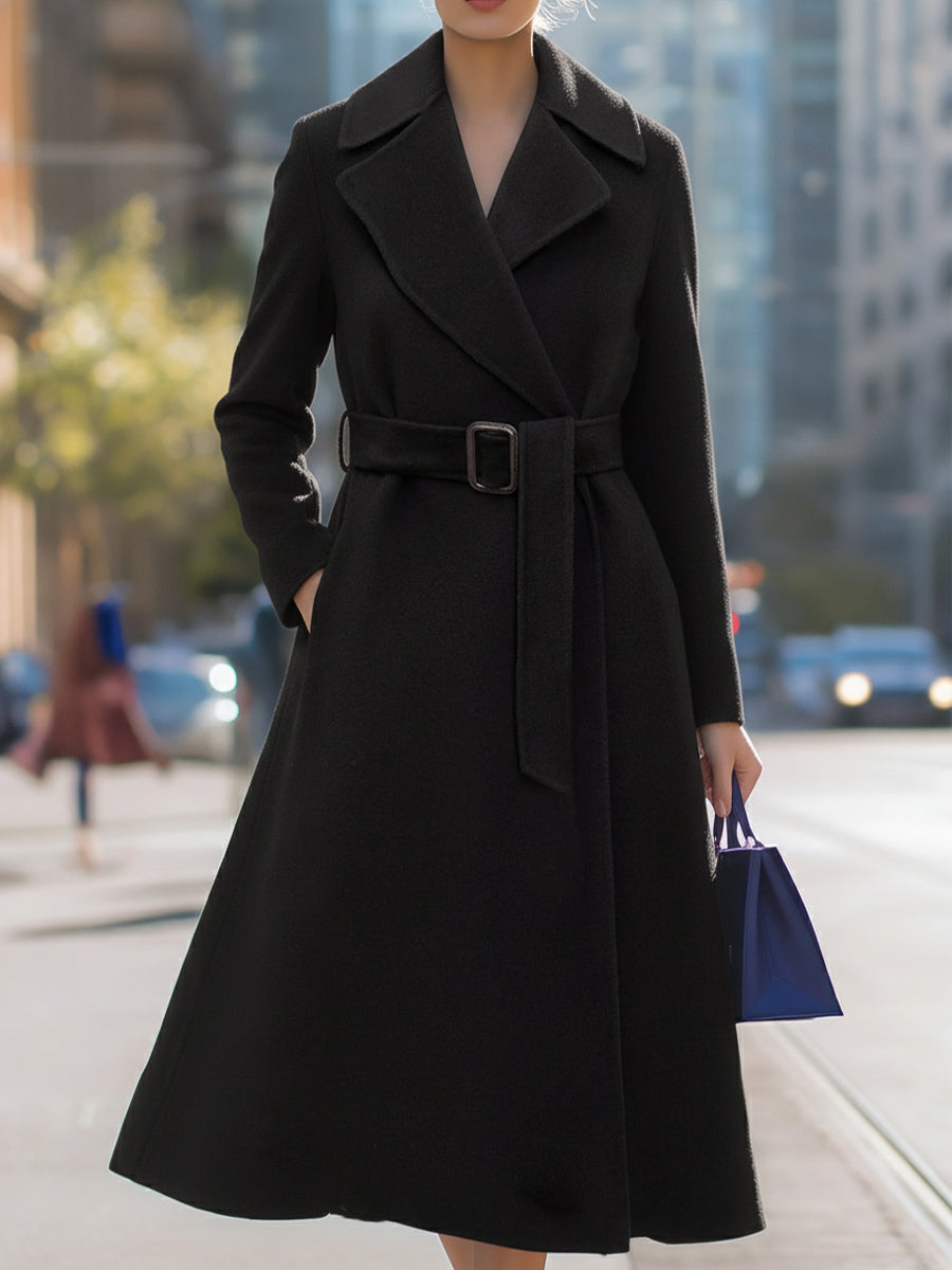 Elena | Belted Lapel Collar Wool-Blend Midi Coat - Alden & Archer