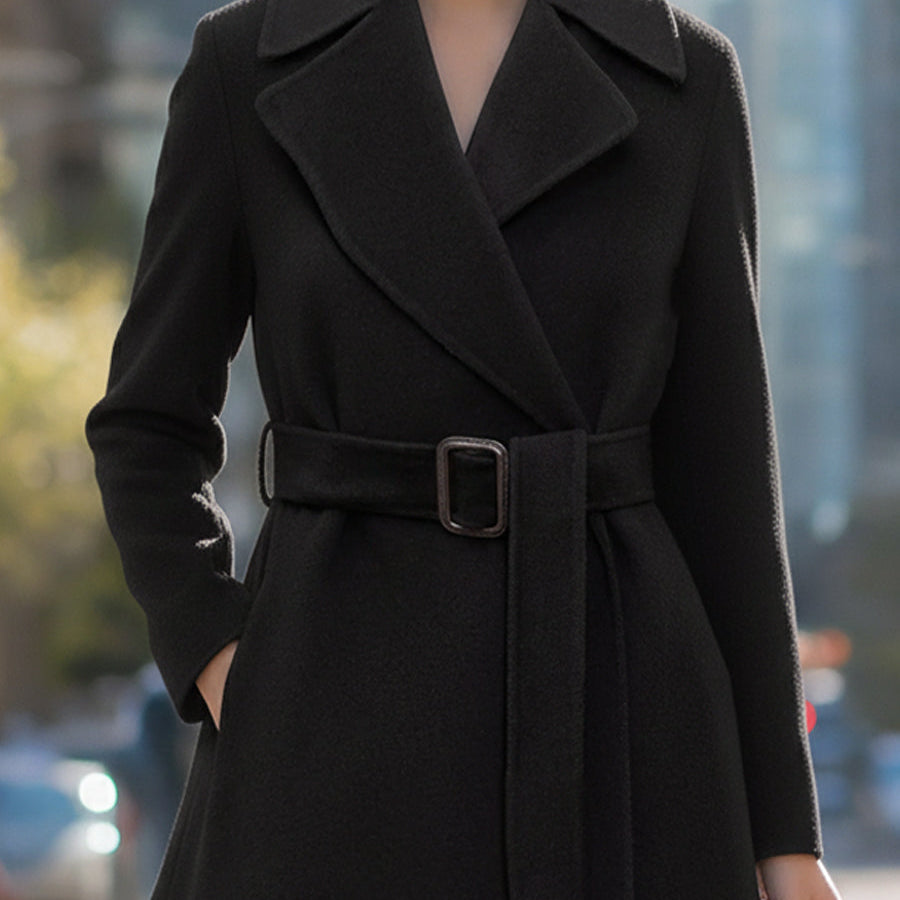 Elena | Belted Lapel Collar Wool-Blend Midi Coat - Alden & Archer