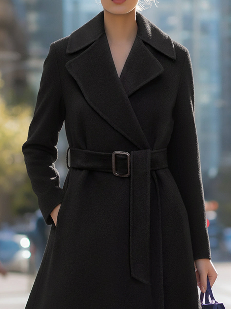 Elena | Belted Lapel Collar Wool-Blend Midi Coat - Alden & Archer