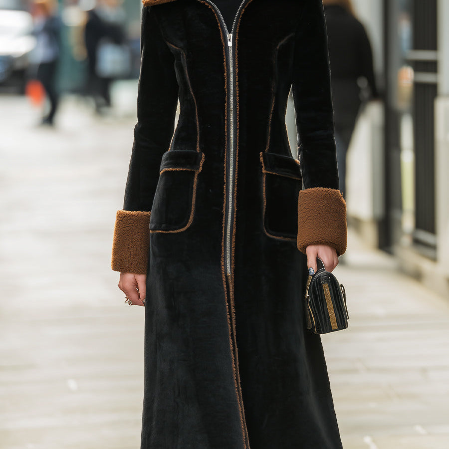 Elena | Long Plush Coat with Elegant Contrast Trim - Alden & Archer