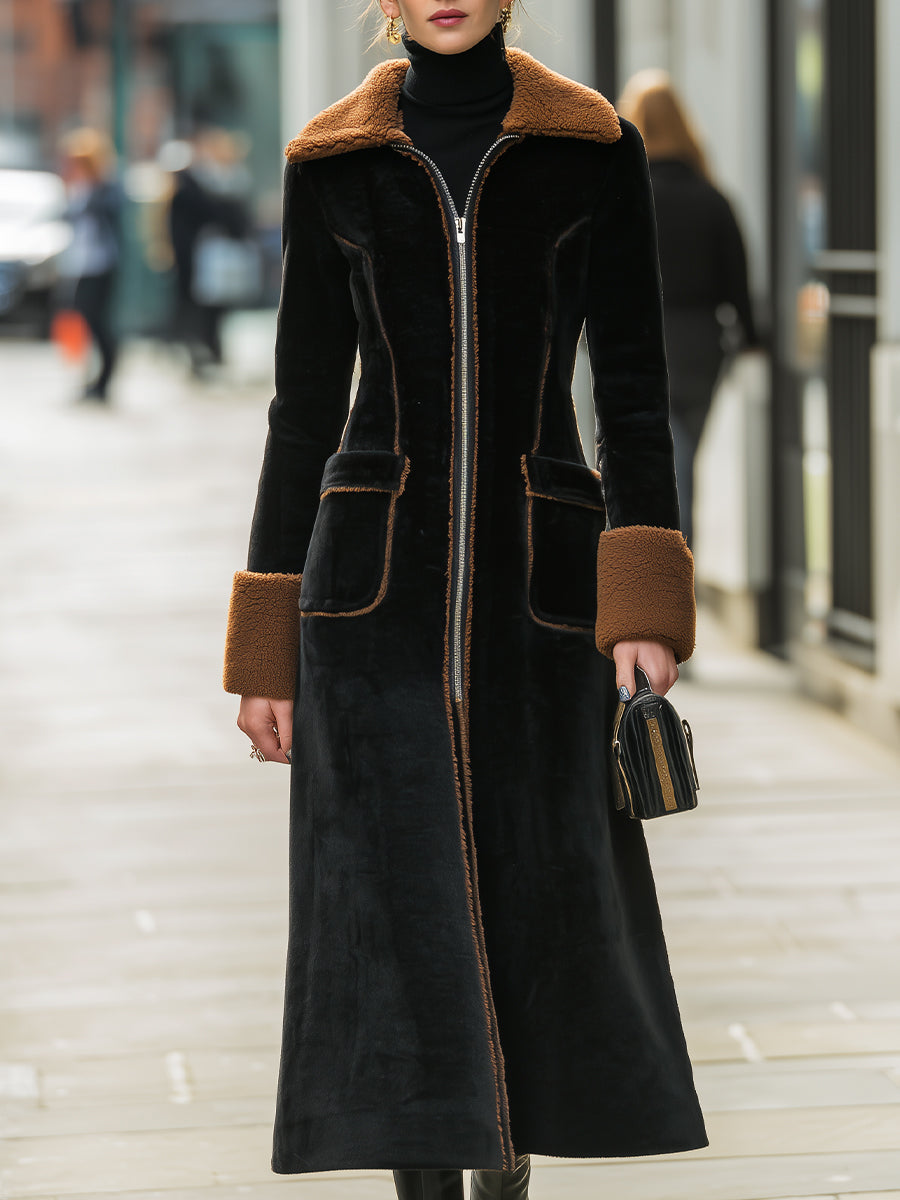 Elena | Long Plush Coat with Elegant Contrast Trim - Alden & Archer