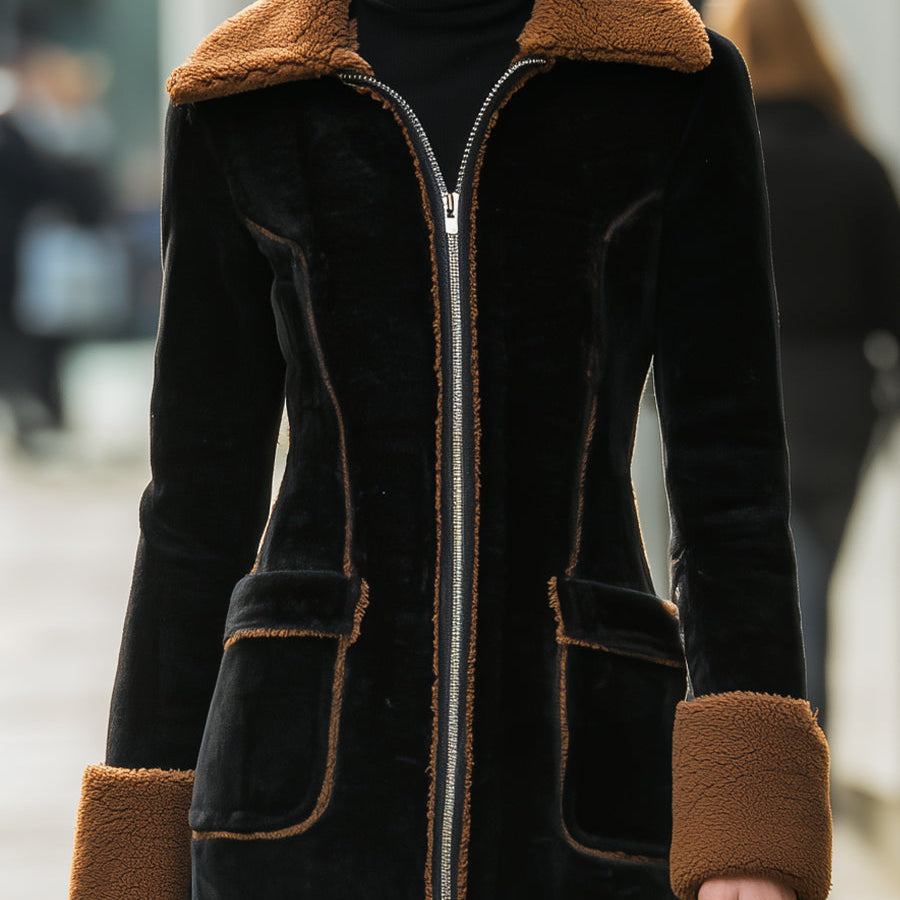 Elena | Long Plush Coat with Elegant Contrast Trim - Alden & Archer