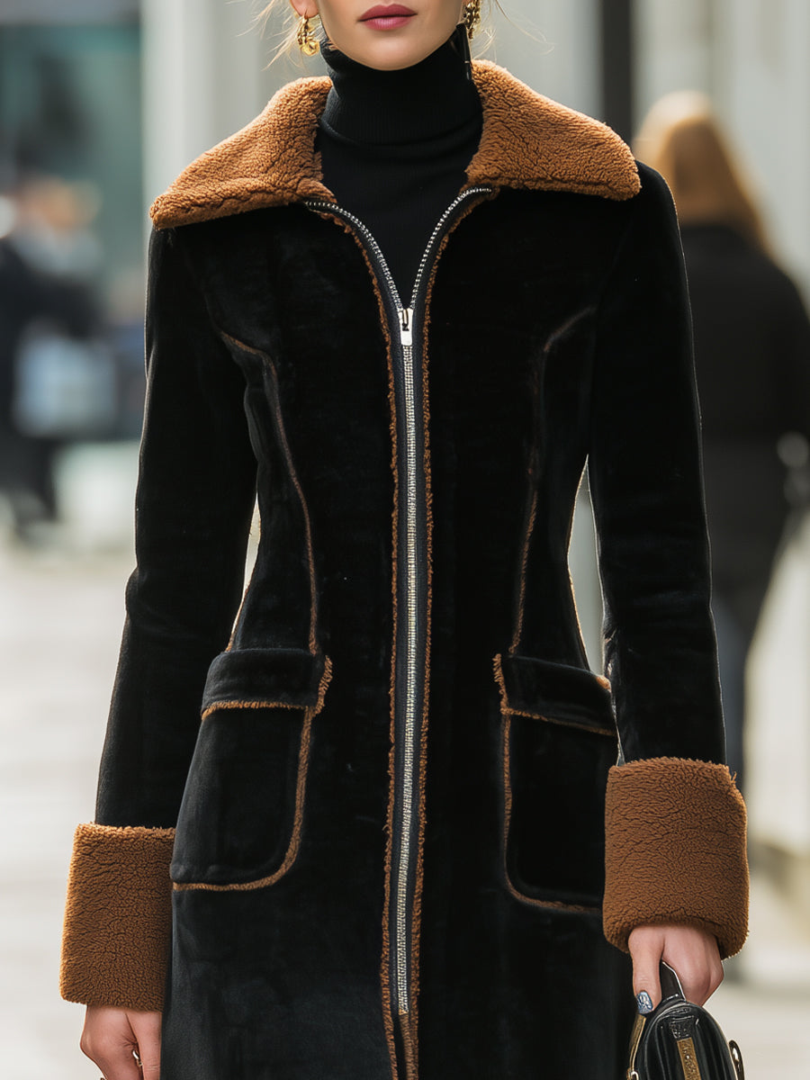Elena | Long Plush Coat with Elegant Contrast Trim - Alden & Archer