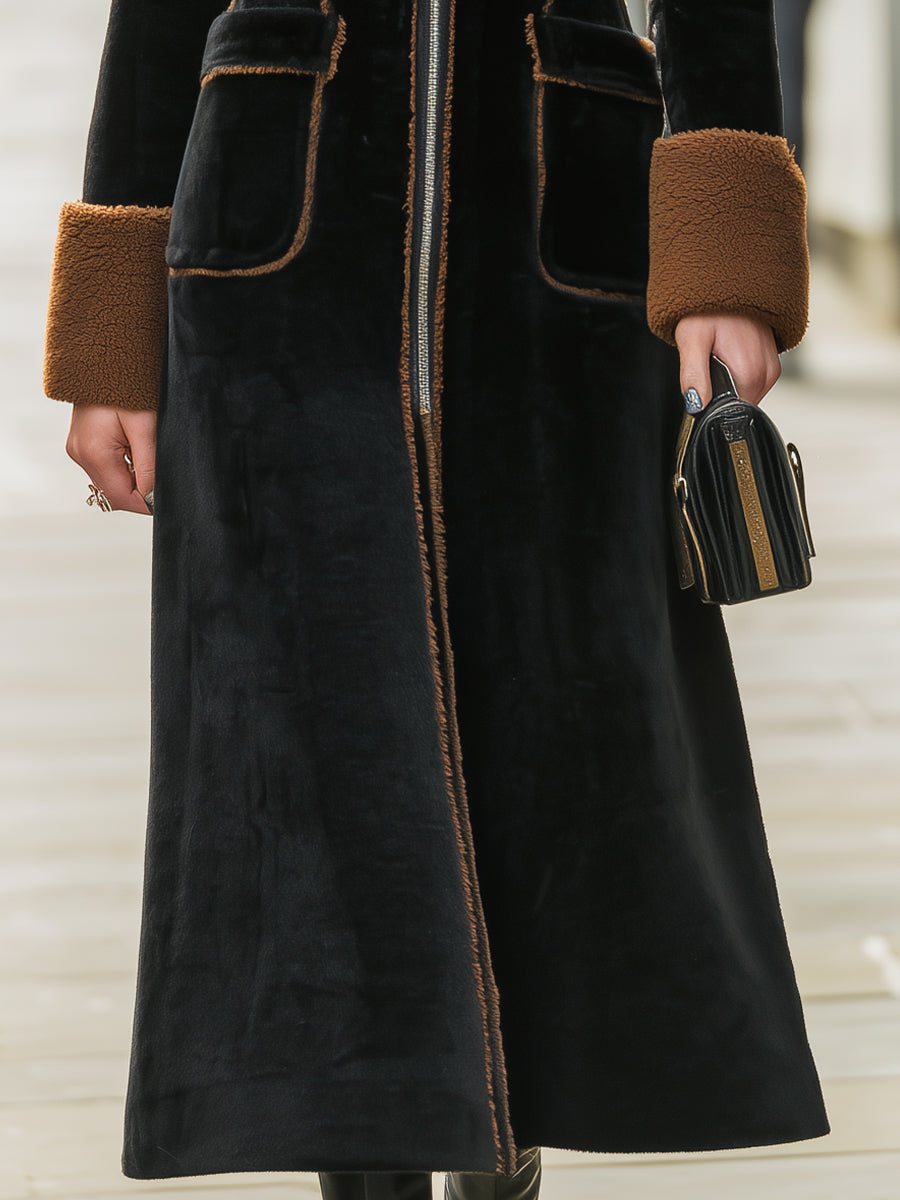 Elena | Long Plush Coat with Elegant Contrast Trim - Alden & Archer
