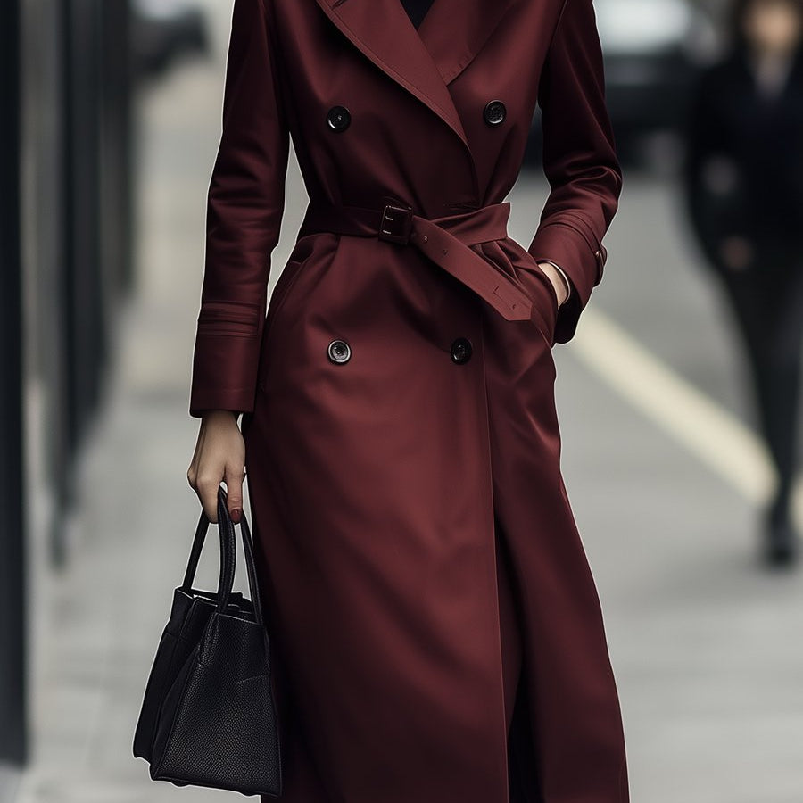 Elena | Double-Breasted Belted Trench Coat in Burgundy - Alden & Archer