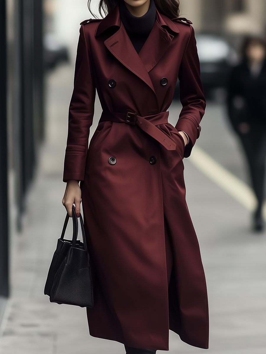 Elena | Double-Breasted Belted Trench Coat in Burgundy - Alden & Archer