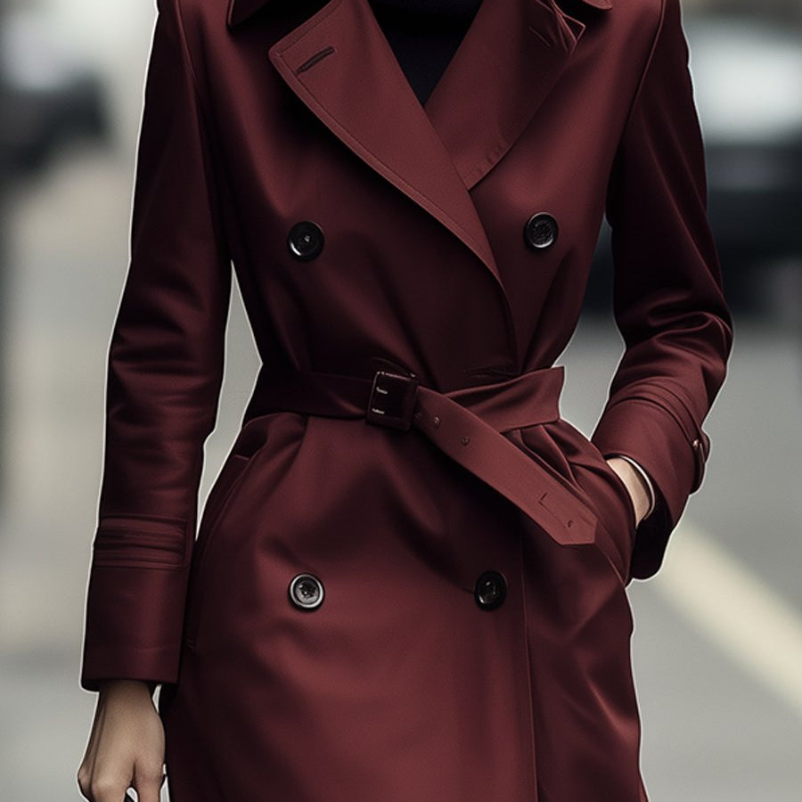 Elena | Double-Breasted Belted Trench Coat in Burgundy - Alden & Archer