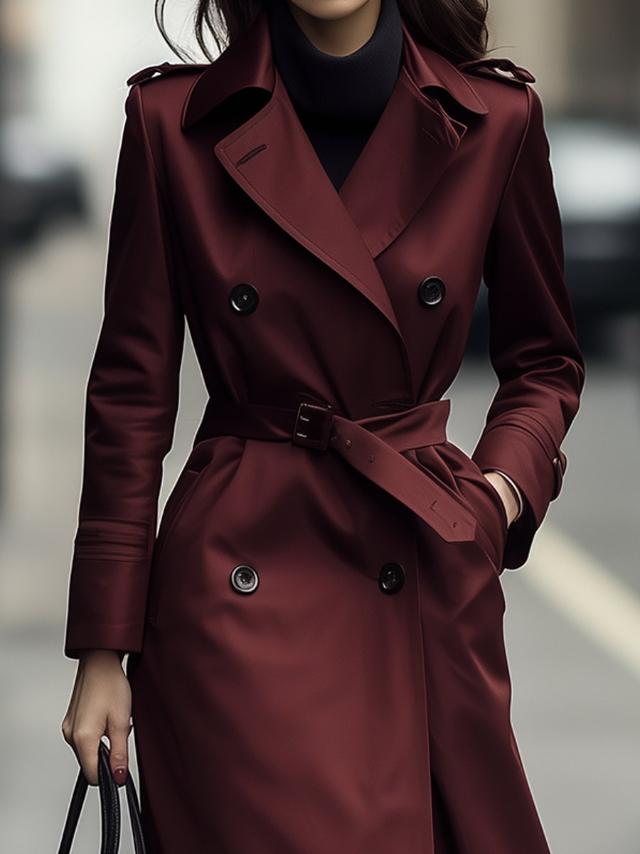 Elena | Double-Breasted Belted Trench Coat in Burgundy - Alden & Archer